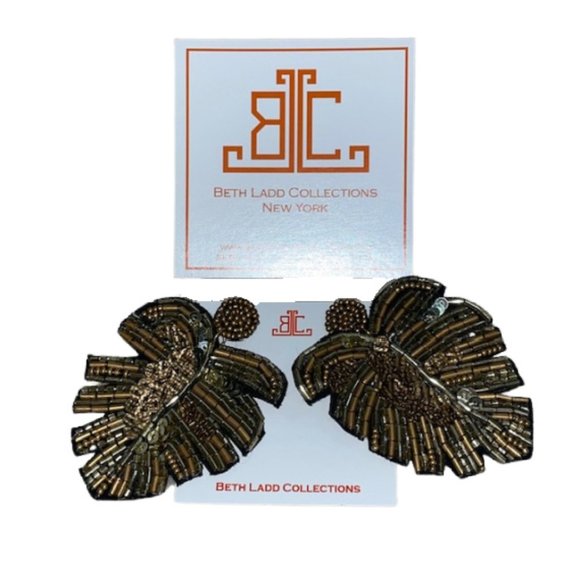 Beth Ladd Collections, NY - Sequined & Beaded Large Palm Leaf Earrings - Picture 1 of 2